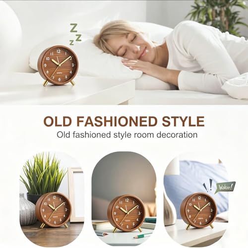 Analog Alarm Clock, Silent Non-Ticking with Night Light, Retro Fashionable Round Metal Alarm Clock for Office, Battery Operated, Bedroom, Elderly, Adults, Men Gifts Back to School,Wood-like Color - Image 5
