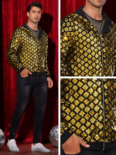 Image of Lars Amadeus Argyle Golden Sequins Jackets for Men's Long Sleeves Metallic Shiny Hooded Disco Jacket Large
