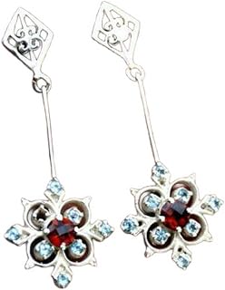 Natural Garnet & Blue Topaz Gemstone Unique Handamde Earrings, Multi Stone Stackable Earrings, January November Birthstone Gifts Earrings, Beautiful Mothers Day Earrings