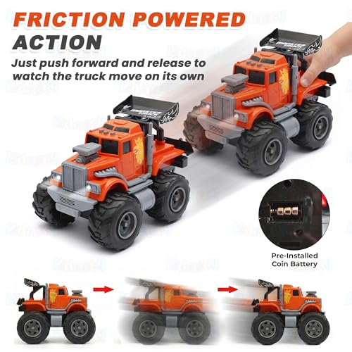 Image of Kidology Monster Truck City Service Friction Car Toy | Push & Go All-Terrain Off-Road Vehicle with Flashing Lights & Sounds | Heavy-Duty Big Wheel Action Toy for Kids (Orange)