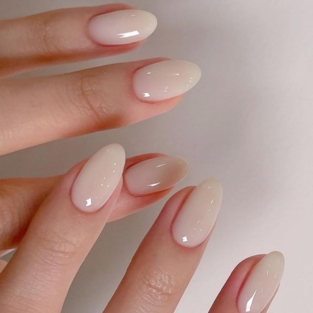 KQueenest Beige Press On Nails - Unghie corte in acrilico da incollare, rotonde, tinta unita, finte unghie finte da incollare, unghie finte in gel lucido per donne, adatte all'uso quotidiano, 24 pezzi