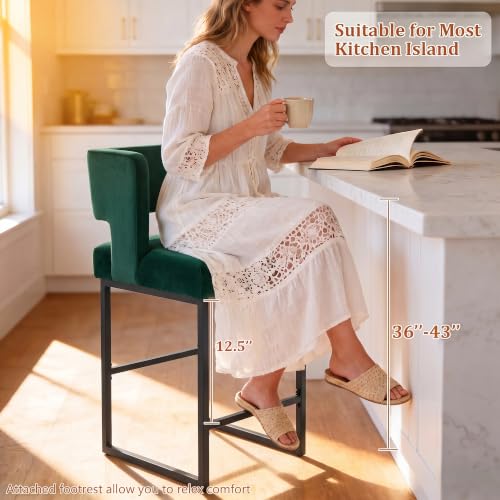 Image of Counter Height Bar Stools Set of 4, 26 inch H Upholstered Counter Stools with Metal Frame Black Legs Square Back Bar Height Stools, Velvet Modern Bar Stools for Kitchen Island, Bar, Counter, Green