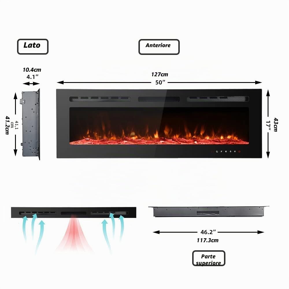 M.C.Haus Camino Elettrico Ultra sottile, Silenzioso, 12 Diverse Fiamme, Montaggio a Parete a Incasso, Touchscreen in Vetro e Telecomando, con Cristallo e Tronco di Legno(127cm/50inch, Nero)
