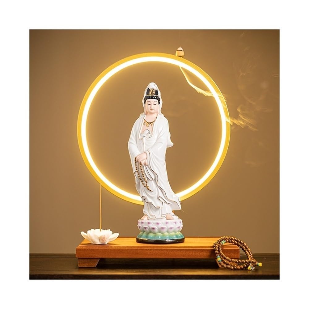 Figuras de Budas Estatua de Buda de cerámica Blanca, Adorno for Oficina, Sala de Estar, decoración Zen Feng Shui con Base y Anillo de luz Budas Decorativos