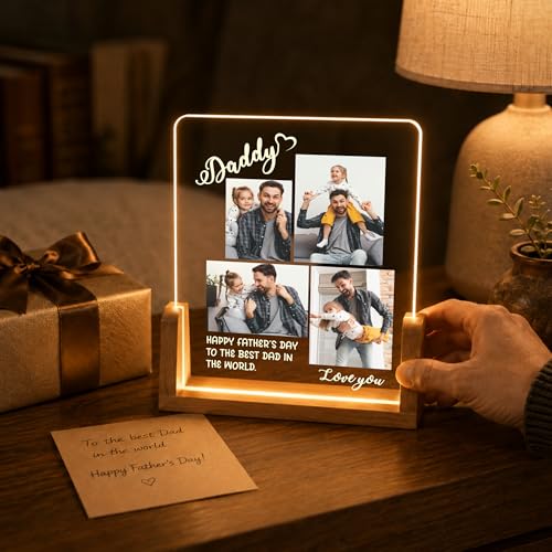 Image of Giftplease Fathers Day Personalized Rectangular Acrylic Wood Tabletop Photo Frame | Warm Led Light Base Custom Picture Layout Family Desktop Night Decor Assembly for Dad Papa Husband Stepdad Grandpa
