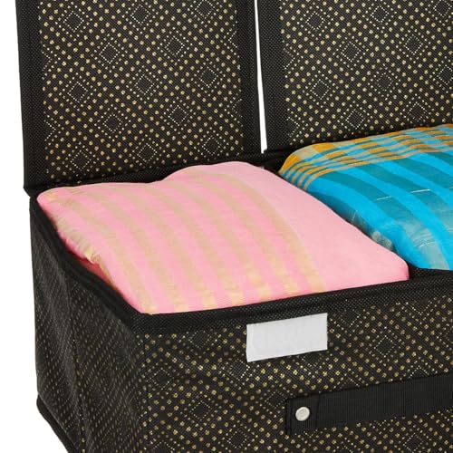 Image of Amazon Brand - Solimo Double Lid Foldable Storage Box | Toys Storage Bin | Wardrobe organizer for Clothes | Front Handle | Stackable Rack | 36 x 25 x 16 cm (Golden Dot, Black)