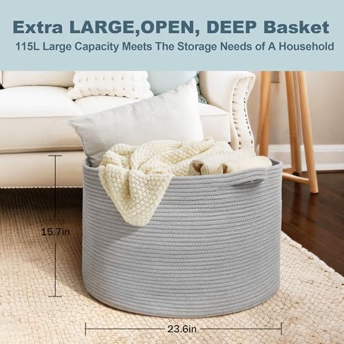 Image of MEGASKET 115L Super Large Gray Blanket Basket, 23.6 inchx15.7 inch Woven Cotton Rope Storage Basket for Laundry, Towel, Pillow, Oversized Kids Dog Toy Storage Bin, Grey XXXL Blanket Holder for Living Room