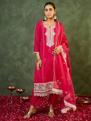 Image of INDO ERA Women's Silk Blend Ethnic Motifs Embroidered Straight Kurta & Pant with Dupatta Set (RRSTR10158)