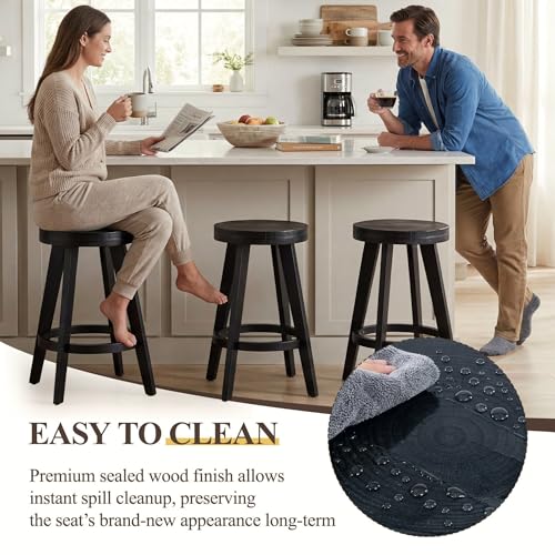 Image of Black Barstools Set of 2, 24 inch Counter Height Bar Stools with Wood Leg, Vintage Backless Stool for Kitchen Island, Bar Chairs with Round Seat