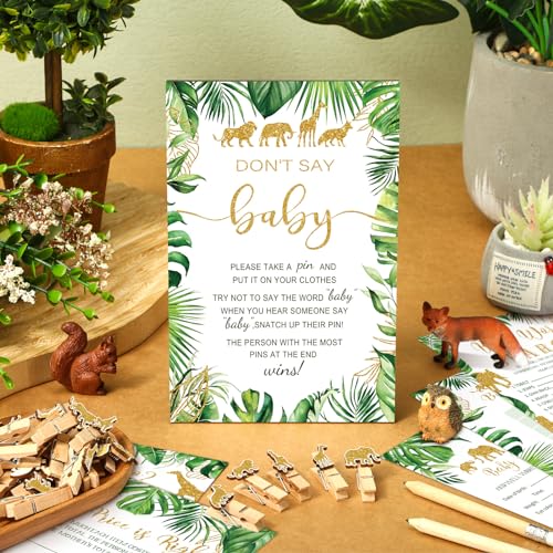 Image of Patelai 321 Pcs Safari Jungle Baby Shower Decorations Safari Jungle Animal Baby Shower Games 5 Set Golden Don't Say Serve 50 Guests for Wild One Gender Reveal Birthday Party Decorations Supplies