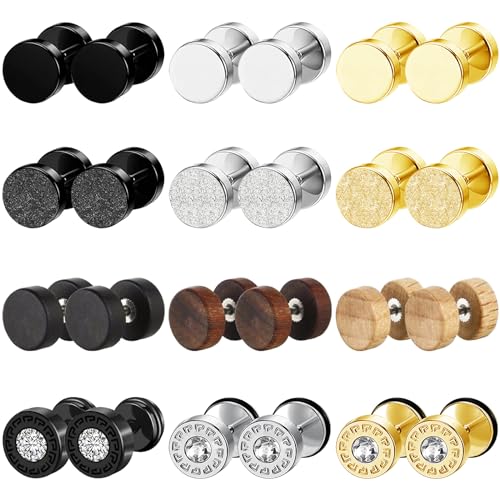 12 Pairs Stainless Steel Stud Earrings for Men Faux Gauges Earring Hypoallergenic Earring Flatback Dot Studs Screw Back Earrings for Women Men