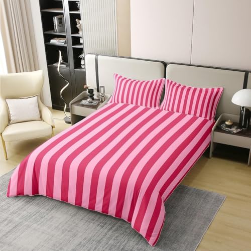 Funda Nordica Cama 90 Juvenil Rayas Rojas y Rosas, 3D Funda Edredon 150x220 cm Rayas Microfibra Ropa de Cama Geometría Reversible 3 Piezas, Funda de Edredón + 2 Fundas de Almohada b4202