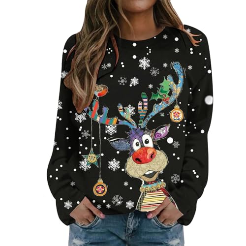 Jersey Navideño Mujer Elegante Sudaderas De Estampado Reno Top Manga Larga Mujer Sudadera De Cuello Redondo Talla Grande Ugly Gracioso Camiseta Sweater