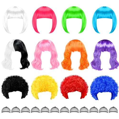 MIUSKATL 12 Multi Pack Fun Wigs Assorted Bob Wig Wavy Colored Colorful Hair Wigs Funny Neon Clown Fluffy Bulk Wigs for Women Costume Cosplay Party (Multicolor)