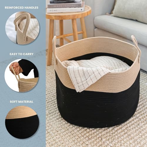 Image of OrganiHaus Round Toy Basket & Blanket Basket, Cotton Rope 20x13 inch | Black / Honey - Round Cotton Rope Basket, 20x13 inch