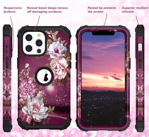 Image of Hocase for iPhone 13 Pro Max Case, Heavy Duty Shockproof Protection Soft Silicone Rubber Bumper+Hard Plastic Hybrid Protective Case for iPhone 13 Pro Max (6.7 inch) 2021 - Royal Purple Flowers