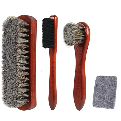 Horktrust Brosses à Chaussures 4 Pièces, Crin de Cheval, Cuir Daim Cirage