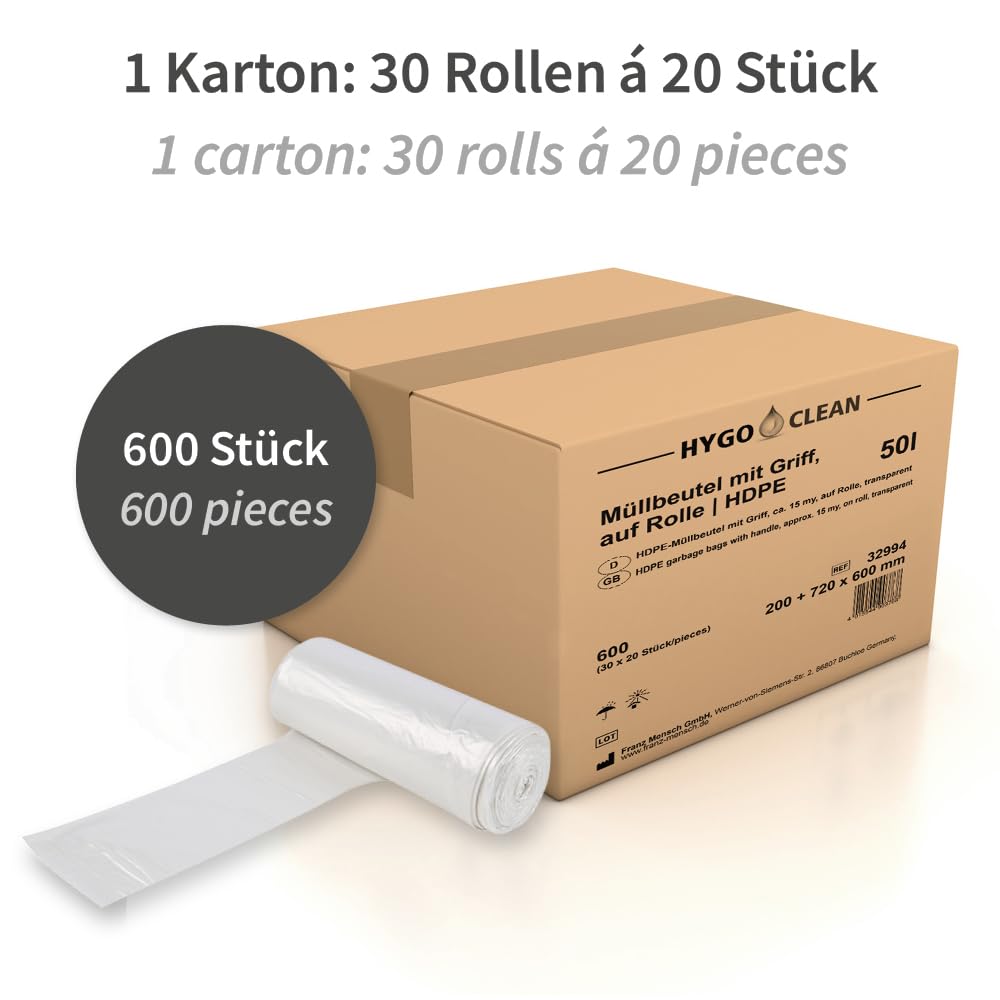 600 Stück, Müllsäcke, FRANZ MENSCH, 72x60cm, transparent, HDPE, 15my, Griff | Rolle, Müllbeutel, Mülltüten, Abfallsack, Abfallbeutel, Hausmüll, trash bags, mit Griff, Haushalt, Gewerbe