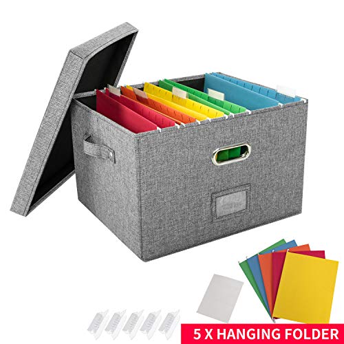 JSungo 2 Pack File Organizer Box Office Document Storage with Lid, Collapsible Linen Hanging Filing Organization, Home Portable Storage with Handle, Letter Size Legal Folder, Grey - Thumbnail 5