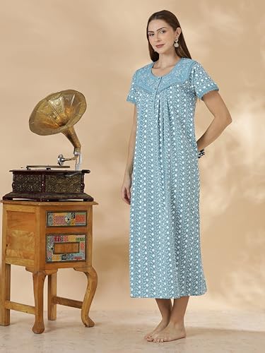 Image of 9shines Label Stylish Chikankari Cotton Nighty Maxi for Women | Full Length Nightgown | Nightdress with Pocket | Embroidery Nighty | Soft Comfortable Cotton Nightwear (1545)