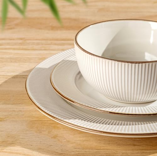 Image of GBHOME Ceramic Dinnerware Sets,12 pcs Embossed Elegant Stoneware Plates and Bowls Sets, Housewarming Wedding Gift | Dishwasher & Microwave Safe | Dishes Set Service for 4