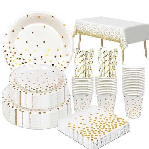 Juego de Cubiertos Blancos,193pcs Blanco Dorados Vajilla Set-Platos de Cumpleaños de Blanco Dorados Vasos Servilletas&Mantel Blanco Puntos Dorados etc Vajilla de Cumpleaños Oro Blanco