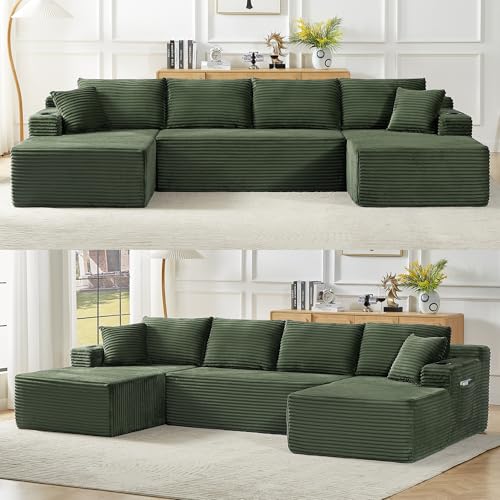Image of 133.5 inch U Shaped Couch, Modular Sectional Sofa with Chaise, Corduroy U Shaped Boneless Couch with Deep Seat, Upholstered Modular Cloud Sofa for Living Room, No Assembly Required, Green
