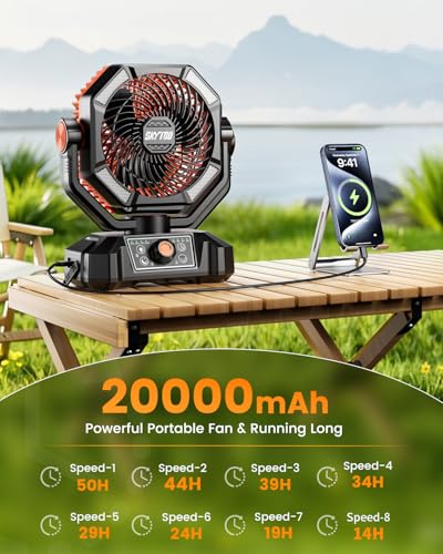 Image of Camping Fan, 20000mAh Battery Powered Fan with LED Lantern, Rechargeable Battery Operated Oscillating with Remote Hook, 8 Speeds Outdoor Fans for Teny, Picnic, Fishing, Travel, Jobsite Black