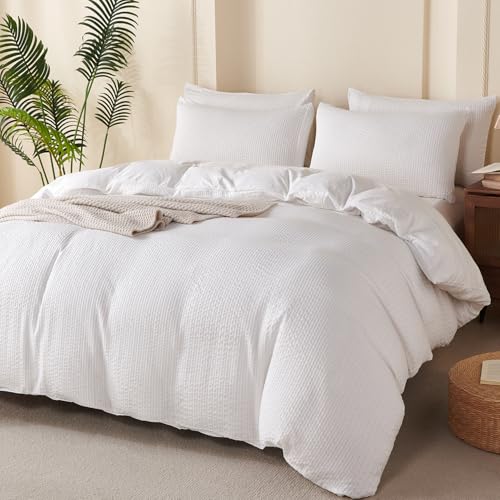 Image of White Striped Comforter Set Queen - 3 Pieces Bedding Comforter Set for All Season, Soft Lightweight Washed Microfiber, 1 Striped Comforter and 2 Pillowcases (White, Queen Size)