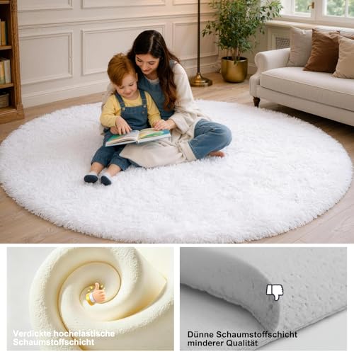 ROHATIM Teppich Rund 100 cm Weiß Waschbar Rutschfester Runder Hochflorteppich Wohnzimmer Kinderzimmer Schlafzimmer Flauschig