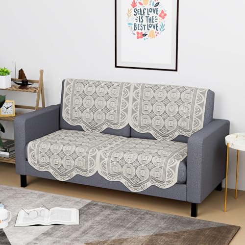Image of Kuber Industries (Set of 4) Stylish & Durable Cotton Sofa Covers 2 Seater | Washable Sofa Protector /Mat & Slipcover for Hall, Living Room & Office | Plain Circle - Off White