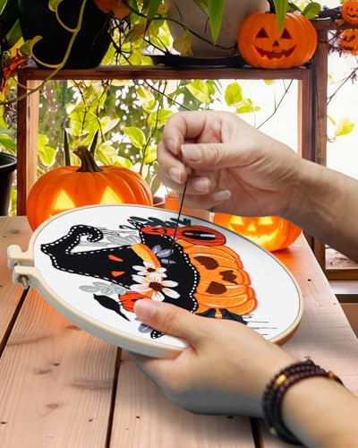 Image of TINDTOP Halloween Embroidery Kit for Adult, 5 Pack Embroidery DIY Starter Kit, with Stamped Patterns, Hoop, Tools, Colorful Threads with Needles, Instructions | 5 Pack with Stamped Patterns, Hoop, Tools, Colorful Threads with Needles, Instructions