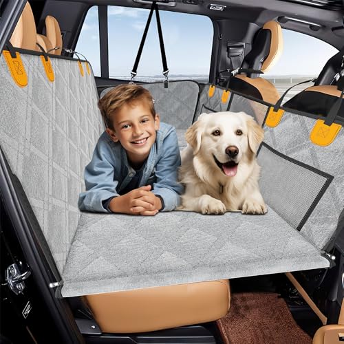 Loiion Hundedecke Auto Rückbank Fester Boden, Rücksitzverbreiterung Hund, Autohängematte für Hunde mit Harter Unterseite, Sturzprävention Wasserdicht Hundematte Auto für Meisten Autos SUV LKW, Grau