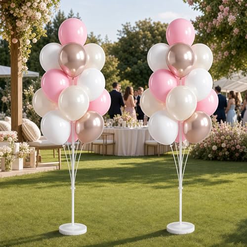 Image of Balloon Column Kit Set of 2 - 26pc Champagne Pink Metallic Balloons with Height Adjustable 20 inch-63 inch Tower Stand, Stable Base for Birthday Wedding Easter Baby&Bridal Shower Party Decorations