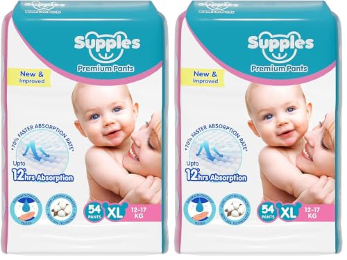 Image of Amazon Brand - Supples Premium Baby Diaper Pants | 54 Baby Diapers | XL | 12-17 Kg | 12 Hrs Absorption | Cushiony Cotton Soft Fabric | Phthalates-Free | Triple Leak Guard (Pack of 2)