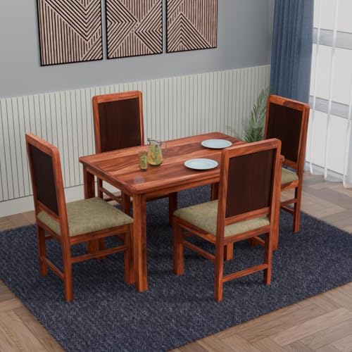 Image of VK Furniture Solid Wood 4 Seater Dining Table Set for Home | Sheesham Wood Dining Table with High Back Designer Cushioned Chairs | Four Seater Dinning Table with 4 Cream Cushion Chairs for Home