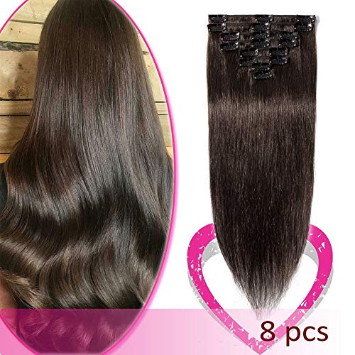 Remy Human Hair Clip in Hair Extensions 23 8 Pcs Straight Hair for Women Dark Brown