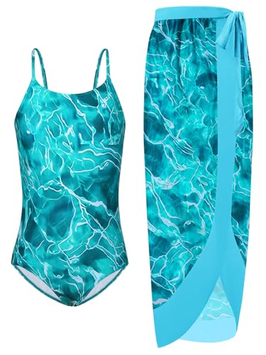 Image of Girls One Piece Swimsuit with Cover Up Wrap Skirt Set Teen Girl Tropical Two Piece Bathing Suit Beach Surf Swimwear