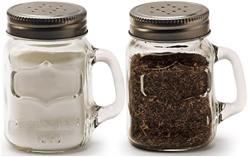 Circleware Glass Mini Mason Jar Mug Salt and Pepper Shakers with Handles & Metal Lids, Kitchen Glassware Preserving Containers, Perfect Himalayan Seasoning Spices, 2-Piece Set, 5 oz, Clear, Silver