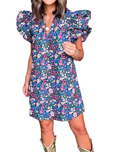 hibshaby Women's Floral Babydoll Mini Dress V-Neck Ruffle Sleeve Cute Dress Sundress Blue