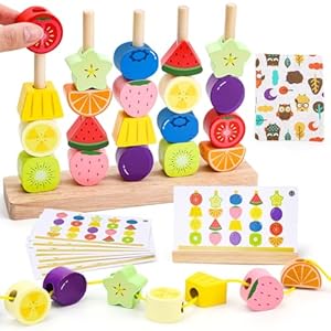 Montessori Wooden Toys for 2 3 4 Year Old Boys Girls: Threading Beads Stacking Blocks Learning Set Fine Motor Skills Toys for Toddlers Travel Educational Toddlers Toy for 18 months and Older Boy Girl
