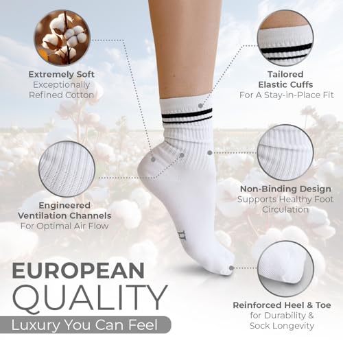 Luxe European Women's Crew Socks, Silky Soft Premium Cotton, Thin & Breathable, Non-Binding, Pack of 32
