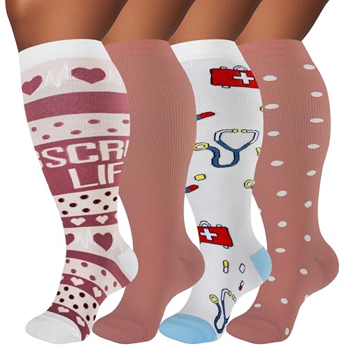 Image of Plus Size Compression Socks for Women & Men 4 Pairs, Wide Calf Extra Large 20-30 mmHg Knee High Support Socks for Travel, Running, Nurse