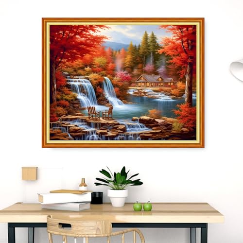 Image of Dooxvey Cross Stitch Kits for Adults Stamped Full Range of Embroidery Starter Kits for Beginners 11CT Printed Cross Stitch Patterns Needlepoint Kits Stamped Crossstitch-Autumn Waterfall 16x20 inch