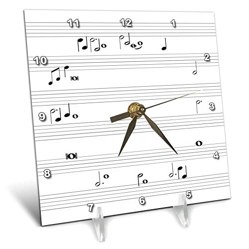 3dRose 6x6 Desk Clock - Music Notes Time Black and White Musical Notation Timing for Musicians Music Art Designs