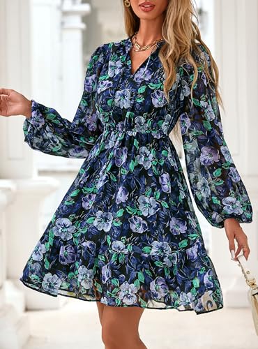 PRETTYGARDEN Women's Fall Boho Dresses 2025 Floral Long Sleeve V Neck Mini Flowy Wedding Guest Dress Trendy Vacation Outfits2