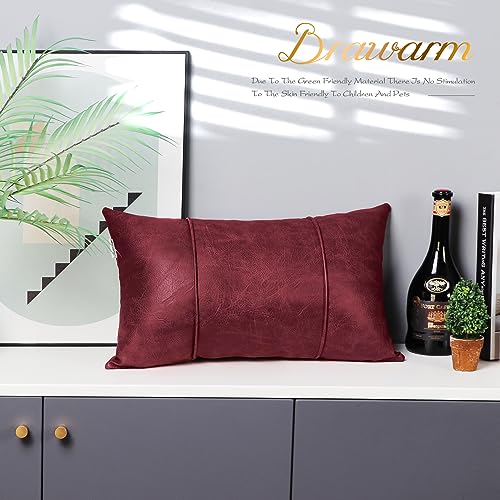 Image of BRAWARM Burgundy Leather Throw Pillow Covers 12 X 20 Inches - Faux Leather Lumbar Pillow Cover with Piping, Hand Stitched Leather Throw Pillow for Couch Sofa Bed Living Room Home Decorative