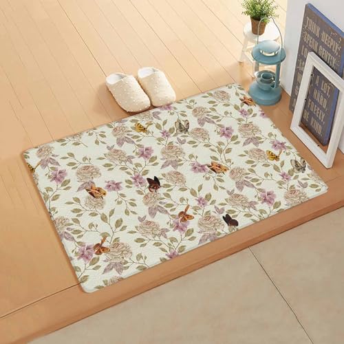 Beige Floral Antifatigue Kitchen Bath Door Mat Cushioned Runner Rug,Washable Welcome Floor Sink Mat,Waterproof & Non-Slip Kitchen Standing Doormat,Retro Botanical Romantic Leaves Garden Herb 24