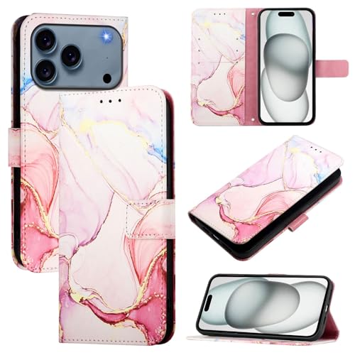 Étui iPhone 17 Pro Max or rose avec portefeuille et motif marbre élégant en cuir