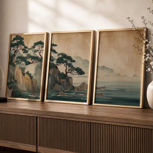 Image of kotart Big Aesthetic Nature Art Wall Framed Posters | Japanese Nature View Framed Poster for Living Room Bedroom Wall Decor Set Of 3 (14x20 Inch)